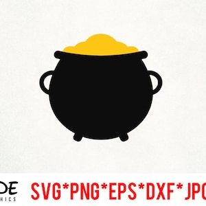 May include: A black cauldron filled with yellow gold, a classic symbol of luck and wealth. The cauldron has two handles and three small feet. The image includes the text "SIDE GRAPHICS" and "SVG*PNG*EPS*DXF*JPG".