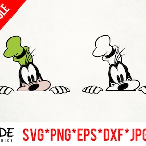 May include: A bundle of two cartoon images of Goofy, one in color and one in black and white. The color image features Goofy with a green hat, while the black and white image has a chef's hat. Both images have the character peeking over a white surface.