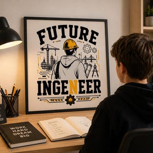 Könnte beinhalten: Ein gerahmter Wandkunstdruck mit einer grafischen Illustration einer Person mit gelbem Schutzhelm und dem Text FUTURE INGENEER. Das Design enthält architektonische Elemente wie einen Kran, eine Brücke und Zeichenwerkzeuge in Schwarz und Gelb.