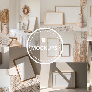 May include: A collection of 10 mockups featuring various framed art prints in a light, airy setting. The frames are light wood, and the prints have white space. The scene includes decorative vases, rugs, and natural light.