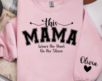 Custom This Mama Wears Her Heart On Her Sleeve Png, Mother's Day, Personalized Mom Sweatshirt With Kids Names Svg,Kids Names, Digital File
