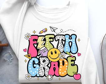 Maglietta per bambini con design a sublimazione floreale preppy per il ritorno a scuola, in formato PNG, per il quinto anno di scuola, download digitale PNG per la scuola alla moda