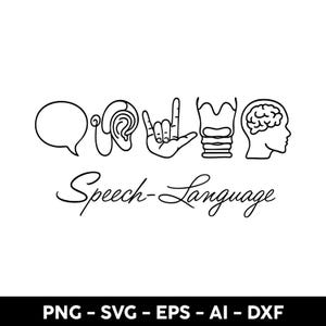 Puede incluir: Gráfico de arte lineal en blanco y negro con iconos que representan el habla y el lenguaje. Incluye una burbuja de diálogo, una oreja, un gesto con la mano, un vaso y una silueta de cerebro. Las palabras "Speech-Language" están escritas en cursiva.