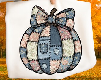 Preppy Coquette Denim Fall Pumpkin PNG, Denim Patchwork Gingham Pumpkin, Floral Boho Coquette Bow PNG, Grunge Western Retro Pumpkin Patch