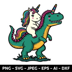 Pode incluir: Um dinossauro verde com uma juba e cauda arco-íris está carregando um unicórnio branco com uma juba e cauda arco-íris nas costas.