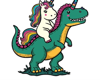 Unicorno che cavalca un T-Rex Png, PNG digitale per maglietta, tazza, bicchiere, sublimazione e scrapbooking, Unicorno arcobaleno png, T-Rex Fantasy png