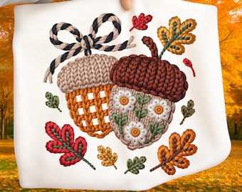 Faux Yarn Acorn Bow PNG, Crochet Fall Sublimation Design, Preppy Autumn Shirt Graphic, Cozy Autumn Png, Instant Digital Download