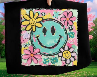 Retro Smiley Face Floral PNG, Inspirational Self Worth Design, Mental Health Matters Self Love Sublimation, Positive Motivational Shirt