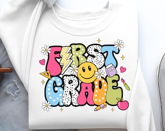 Erstklässler PNG Retro Sublimationsdesign für Back to School Shirts mit Erstklässler Lehrer PNG Erster Schultag Grafik