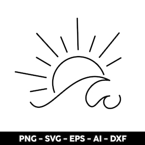 Puede incluir: Un dibujo en blanco y negro de una línea de un sol poniéndose sobre una ola. El sol está representado por un círculo con rayos que emanan de él. La ola es una sola línea continua.