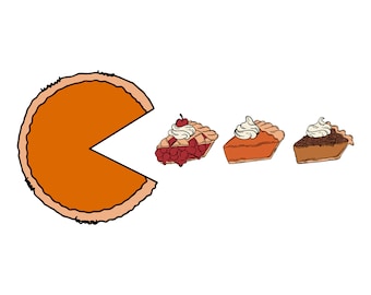Peut inclure: Une tarte entière à la citrouille avec une bouchée enlevée. Trois parts de tarte sont montrées : cerise, citrouille et pécan.