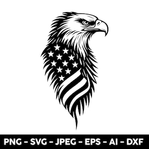 May include: A black and white illustration of an eagle's head and neck, with the American flag incorporated into the design. The flag's stars and stripes are visible within the eagle's feathers. The image is a vector graphic.