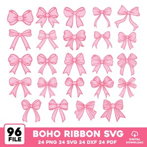 May include: A collection of pink ribbon bow designs in various styles. The image includes the text "BOHO RIBBON SVG" and "96 FILE" with file type details. These digital files are available for download.
