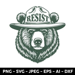 May include: A black and white illustration of a bear wearing a ranger hat with the word "RESIST" on the front. The bear has a serious expression on its face.