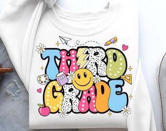 Diseño de sublimación floral preppy de tercer grado PNG para regreso a clases para camisa infantil, primer día de clases, descarga digital PNG para aulas de moda