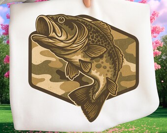 Camo Bass Fish SVG PNG, Angler Shirt Decal, Fishing Clipart for Cricut, Camo Frame, Outdoor Fisherman Rustic Shirt Digital Download