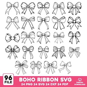 May include: A collection of 24 black and white boho ribbon designs in various styles. The image includes the text "BOHO RIBBON SVG" and "DIGITAL DOWNLOAD". The file contains 96 files in PNG, SVG, DXF, and PDF formats.