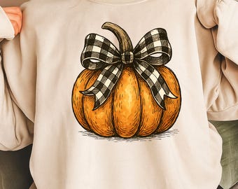 Pumpkin with Buffalo Plaid Bow PNG, Fall Sublimation Design, Rustic Autumn Pumpkin Shirt PNG, Farmhouse Fall Decor, Digital Download