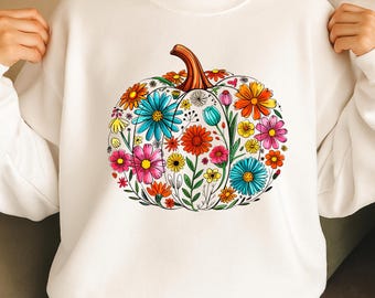 Floral Pumpkin PNG Boho Fall Pumpkin Clipart with Watercolor Autumn Flowers, Retro Autumn Flowers Sublimation, Pumpkin Season Png