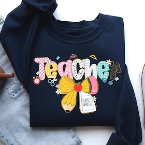Preppy Teacher Pencil Coquette Bow Doodle PNG with Custom Name Teach Love Inspire Checkered Leopard Sublimation Back to School Design
