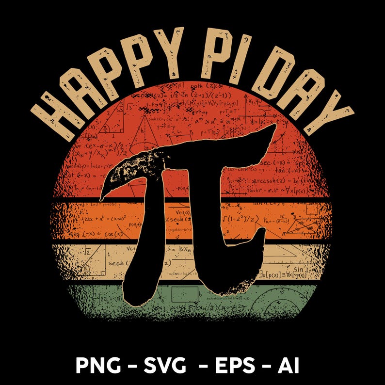 May include: A retro-style graphic design with the text "HAPPY PI DAY" and a large black pi symbol on a background of mathematical equations and a sunset-colored stripe pattern.