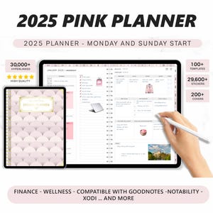 May include: A pink digital planner for 2025 with a decorative pattern on the cover. The planner is open to January 2025 and shows a weekly view. The planner is compatible with Goodnotes, Notability, and Xodi.