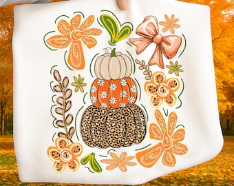 Floral Fall Pumpkin PNG, Leopard Pumpkin Sublimation, Boho Autumn Pumpkin Clipart, Cozy Fall Shirt PNG, Digital Download for Cricut