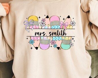 Lápiz de profesora preppy con lazo coqueto PNG y nombre personalizado, sublimación para enseñar, amar e inspirar, diseño de lápiz a cuadros para la vuelta al cole