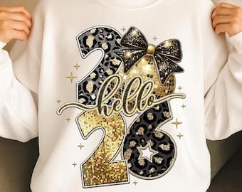 Happy New Year 2026 PNG, Trendy New Year’s Eve Black and Gold Glitter, Faux Leopard New Year Shirt Design, Hello 2026 Sublimation Download