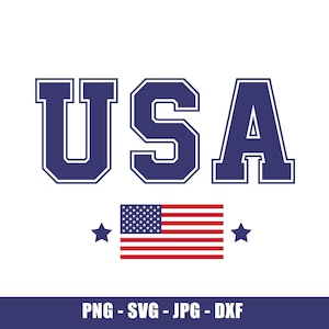 May include: USA in blue block letters with a white outline, a small American flag with red and white stripes and white stars on a blue field, and two white stars on either side of the flag. PNG - SVG - JPG - DXF
