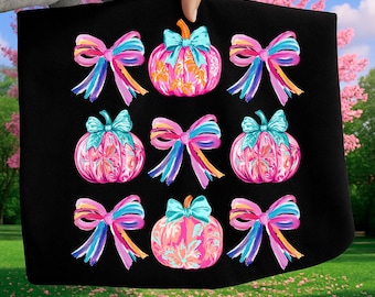 Preppy Coquette Pumpkin PNG, Floral Bow Fall Pumpkin Sublimation, Trendy Girly Autumn Shirt PNG, Cute Patchwork Pumpkin Digital Download