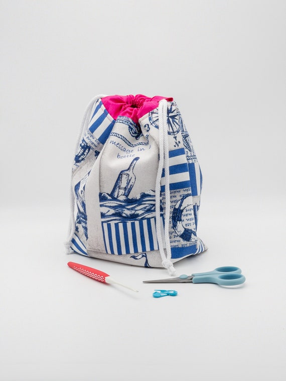 Projekttasche Bobbeltasche mit Kordel - Aufbewahrung Wolle - Hkeln  Stricken - Kordeltasche maritime Muster - Handarbeitstasche Stricktasche