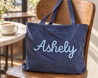 Personalized Embroidered Corduroy Tote Bag, Custom Name Zipper Tote, Gift for Her, Bridesmaid & Bachelorette Gifts, Christmas Gifts for Her