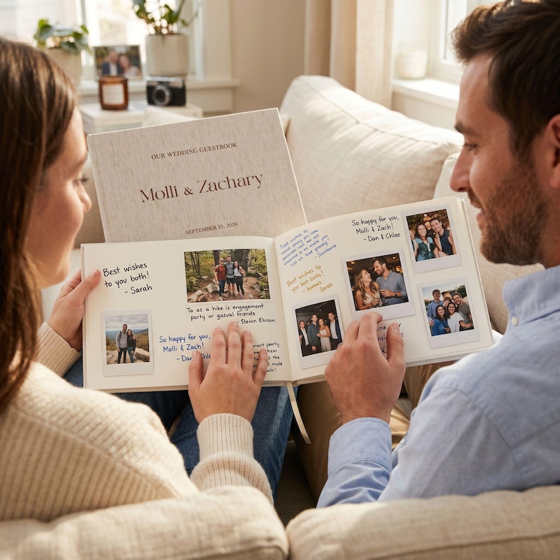 May include: A couple looks at a wedding guest book with the names "Molli & Zachary" and the date "September 15, 2016" on the cover. The open pages display photos and handwritten messages. The book is beige with a linen texture.