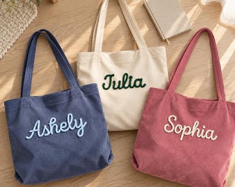 Personalized Embroidered Corduroy Tote Bag, Custom Name Zipper Tote, Gift for Her, Bridesmaid & Bachelorette Gifts, Christmas Gifts for Her