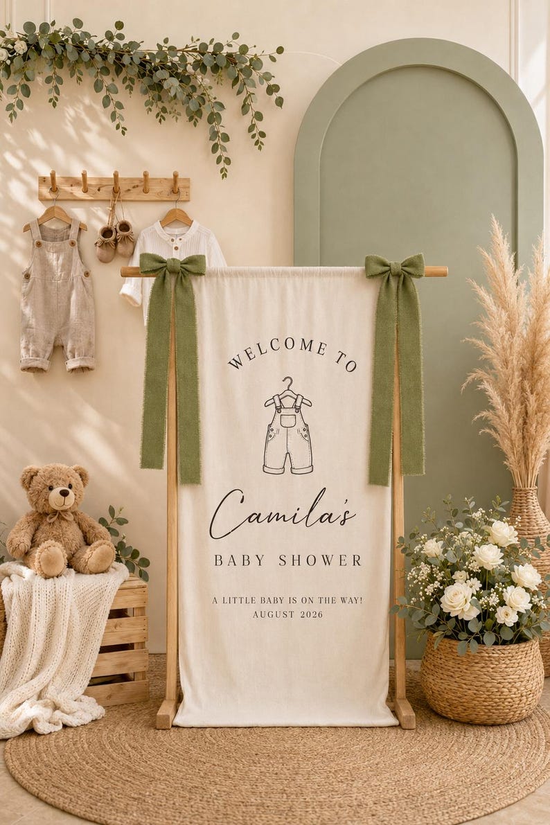 Custom Baby Shower Sign, Personalized Baby Shower Welcome Sign, Linen Fabric Baby Shower Backdrop, Baby Shower Decorations, Hello Baby Sign image 11