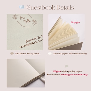 May include: A guestbook with details including the text "Guestbook Details", "ANNA & MANDEVILLE, LA", and "50 pages". The book features soft fabric, sharp print, smooth paper, and 120gsm high-quality paper. The text recommends writing on one side only.