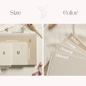 May include: A product display showing size and color options. The size options are labeled S, M, and L, with measurements in inches and centimeters. Color options include Khaki, Cream, Oatmilk, and Almond.