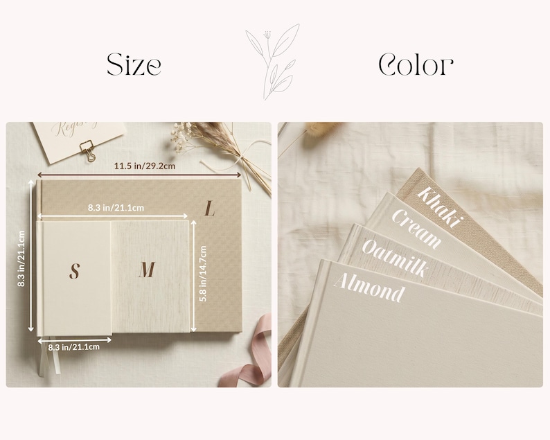 May include: A product display showing size and color options. The size options are labeled S, M, and L, with measurements in inches and centimeters. Color options include Khaki, Cream, Oatmilk, and Almond.