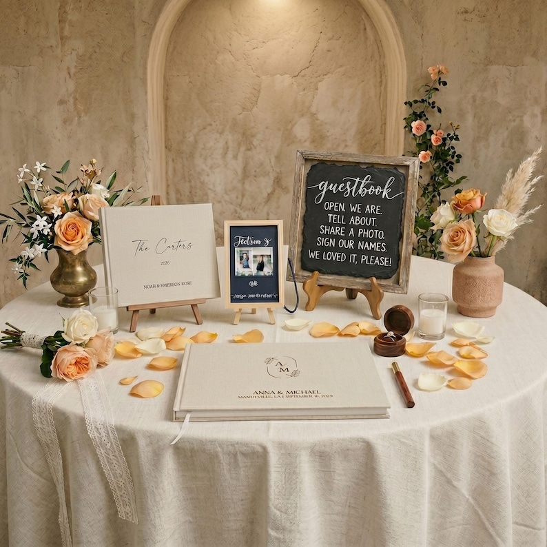 May include: A wedding reception table with a white tablecloth, featuring floral arrangements, guest books, and a sign that reads "guestbook". The table is decorated with rose petals and a ring box.