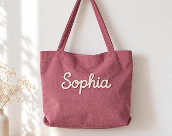 Personalized Embroidered Corduroy Tote Bag, Custom Name Zipper Tote, Gift for Her, Bridesmaid & Bachelorette Gifts, Christmas Gifts for Her