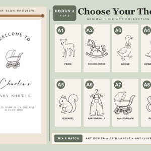 May include: A baby shower sign preview featuring a baby carriage illustration and the text Charlie's Baby Shower. Beside it, a grid displays eight line art icons labeled A1 through A8, including a fawn, rocking horse, goose, cowboy boots, squirrel, overalls, baby carriage, and pacifier.