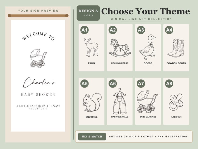 May include: A baby shower sign preview featuring a baby carriage illustration and the text Charlie's Baby Shower. Beside it, a grid displays eight line art icons labeled A1 through A8, including a fawn, rocking horse, goose, cowboy boots, squirrel, overalls, baby carriage, and pacifier.