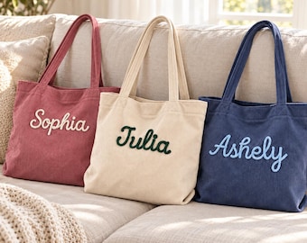 Personalized Embroidered Corduroy Tote Bag, Custom Name Zipper Tote, Gift for Her, Bridesmaid & Bachelorette Gifts, Christmas Gifts for Her