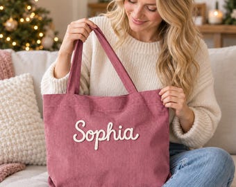 Personalized Embroidered Corduroy Tote Bag, Custom Name Zipper Tote, Gift for Her, Bridesmaid & Bachelorette Gifts, Christmas Gifts for Her