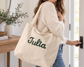 Personalized Embroidered Corduroy Tote Bag, Custom Name Zipper Tote, Gift for Her, Bridesmaid & Bachelorette Gifts, Christmas Gifts for Her