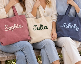 Personalized Embroidered Corduroy Tote Bag, Custom Name Zipper Tote, Gift for Her, Bridesmaid & Bachelorette Gifts, Christmas Gifts for Her