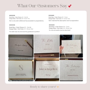 May include: A collage of customer reviews showcasing personalized guest books. The books feature custom text in brown, with various design styles and colors. The text "What Our Customers Say" is at the top, and "Ready to share yours?" is at the bottom.