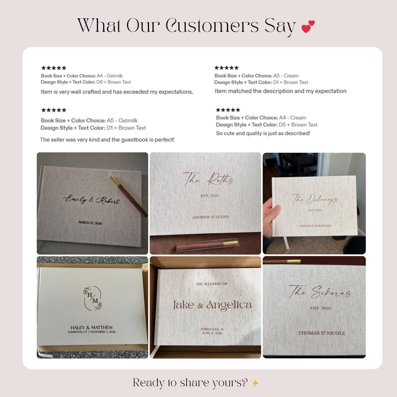 May include: A collage of customer reviews showcasing personalized guest books. The books feature custom text in brown, with various design styles and colors. The text "What Our Customers Say" is at the top, and "Ready to share yours?" is at the bottom.