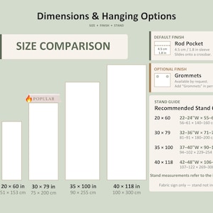 May include: An infographic titled Dimensions & Hanging Options displaying four vertical rectangular sizes in inches and centimeters. It includes a rod pocket detail, grommet option, and a stand guide with recommended opening measurements.